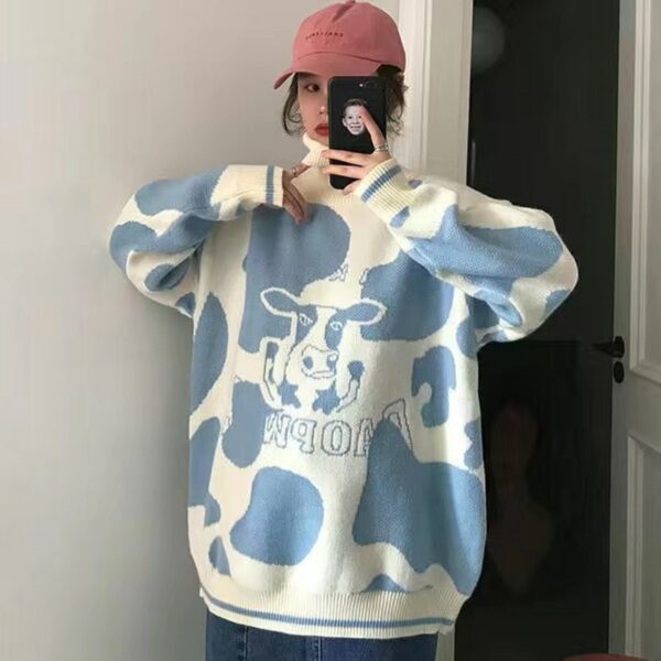 Kawaii Pullover Cow Sweater blue kawaii