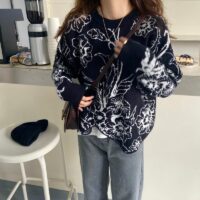 Suéter coreano retro con cuello redondo kawaii coreano