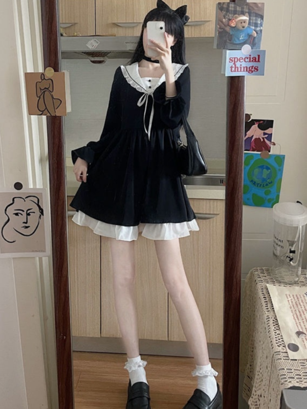 Autumn Black Lolita Dress Bow kawaii