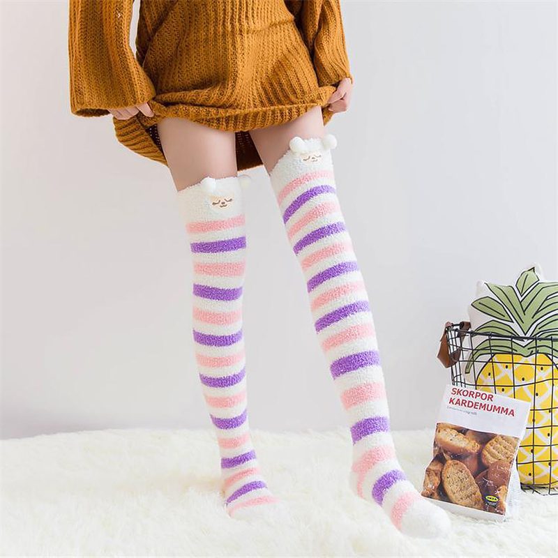 Start your winter off right with these cute fuzzy striped stockings. With a white band of fuzz on the top, these long leg warmer thigh highs will give you all the heat you need to stay warm in style. Not only are they irresistibly plush and comfortable, but come in a variety of colors so you can be sure to find one that goes with everything!   Specifications:  Gender: women Material: polyester Style: dog, rabbit Sleeve type: sleeveless Pant type: shorts Closure: hook and eye fastener Detail: wire-free Color: white, pink Size: S, M, L, XL    Package Includes:  1 x  Cute Fuzzy Striped Stockings