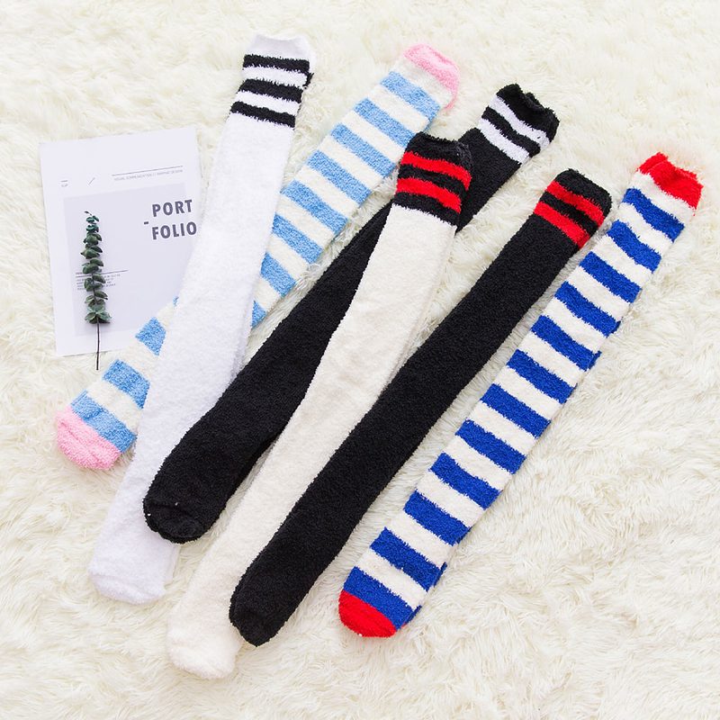 Fuzzy Striped Thigh Highs Socks