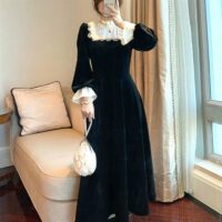 Francuska czarna sukienka midi w stylu retro Śliczne kawaii
