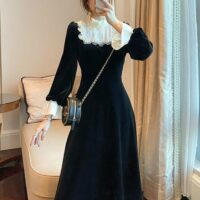 Черное платье-миди во французском стиле ретро Милый каваи