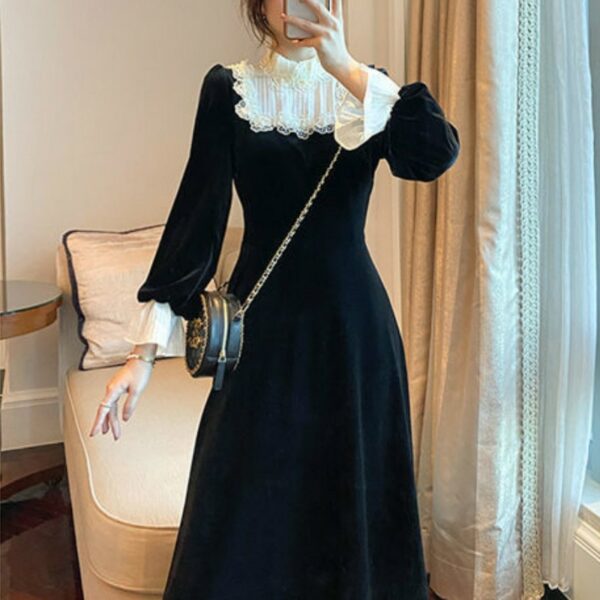 French Retro Black Midi Dress Cute kawaii