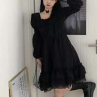 Черное кружевное готическое платье Черное платье каваи