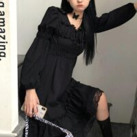 Черное кружевное готическое платье Черное платье каваи