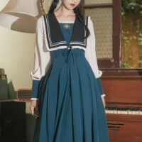 Elegante vintage marineblauwe jurk met kraag Elegante kawaii