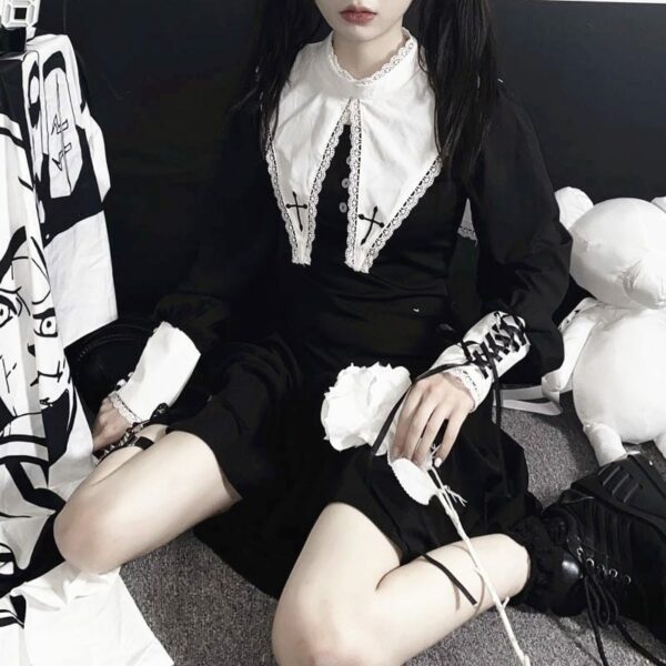 Gothic Black Lace Patchwork Dress Gothic kawaii