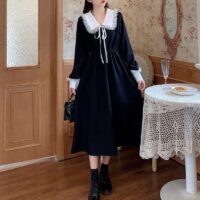 Czarna, słodka, długa sukienka w stylu vintage Długa sukienka kawaii