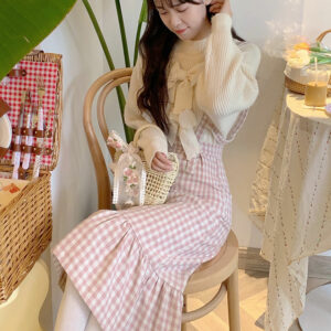 일본 카와이 체크 무늬 스트랩 드레스 일본어 귀엽다