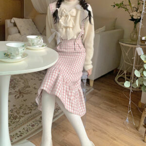 일본 카와이 체크 무늬 스트랩 드레스 일본어 귀엽다