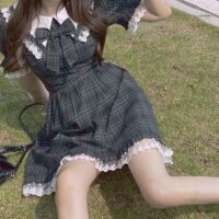 Lolita Doce Vestido de Renda Xadrez Mini Vestidos kawaii