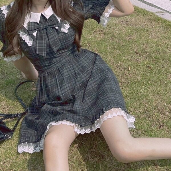 Lolita Sweet Plaid Lace Dress Mini Dresses kawaii