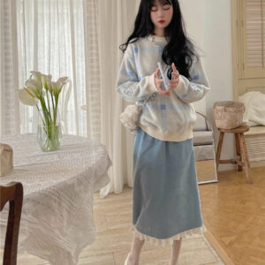 Синяя кружевная юбка с разрезом Kawaii Y2k Юбки Феи каваи