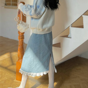 Синяя кружевная юбка с разрезом Kawaii Y2k Юбки Феи каваи
