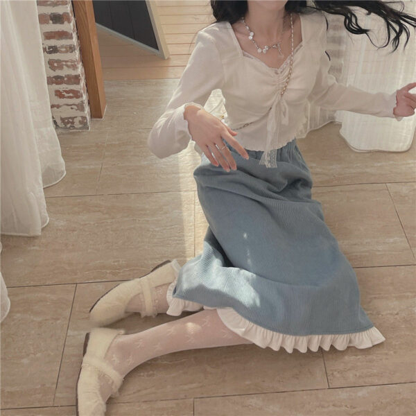 Kawaii Y2k Blue Lace Split Skirt Fairy Skirts kawaii