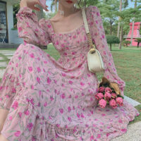 ピンクのエレガントな甘い花柄ドレスシフォンカワイイ
