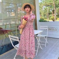 Różowa elegancka słodka sukienka w kwiaty Szyfonowa kawaii