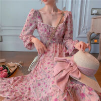 Rosa elegant sötblommig klänning Chiffong kawaii