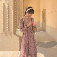 Różowa elegancka słodka sukienka w kwiaty Szyfonowa kawaii