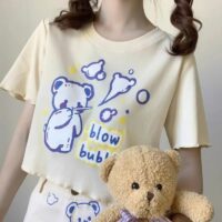 Kawaii Bear Print grafiska T-shirts björn kawaii