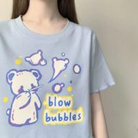 Kawaii Bear Print grafiska T-shirts björn kawaii