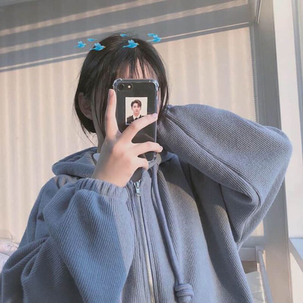 Cute Korean Blue Loose Hoodie Cardigan kawaii