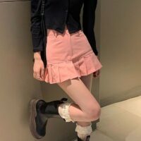 Kawaii różowa dżinsowa mini spódniczka Spódnica dżinsowa kawaii