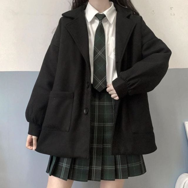 Kawaii Short Preppy Black Coat