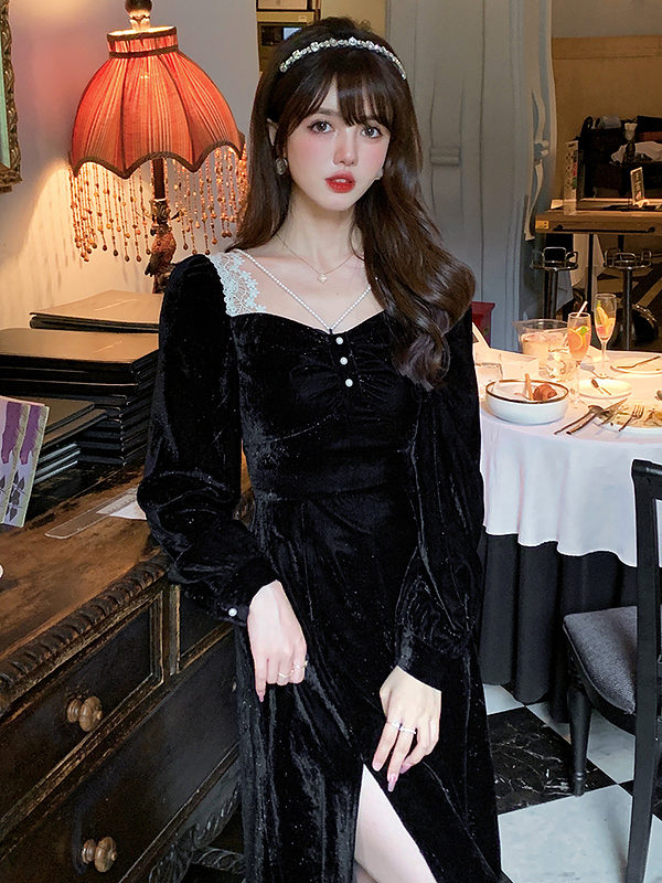 Korean Vintage Black Lace Midi Dress French kawaii