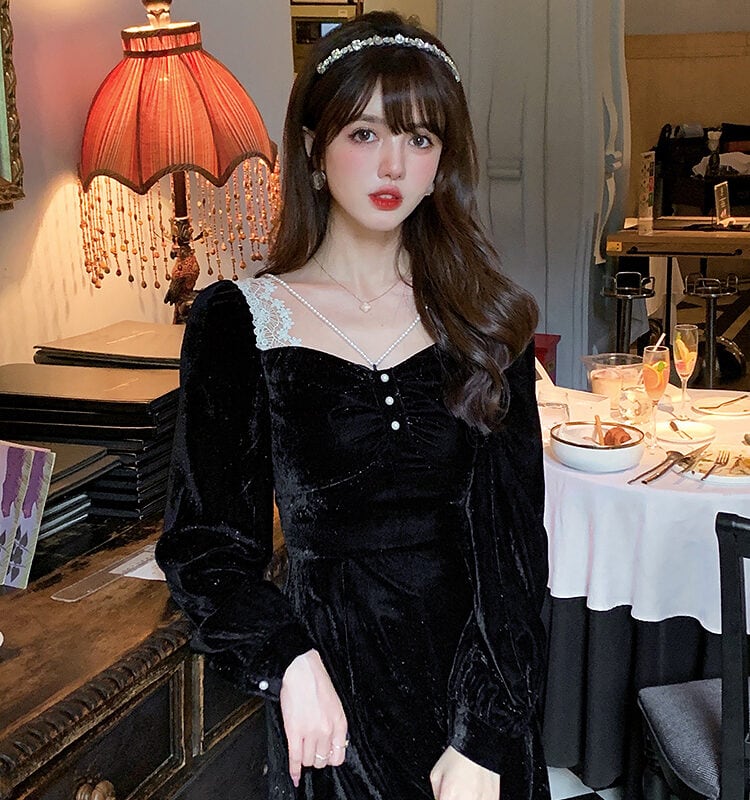 Korean Vintage Black Lace Midi Dress French kawaii