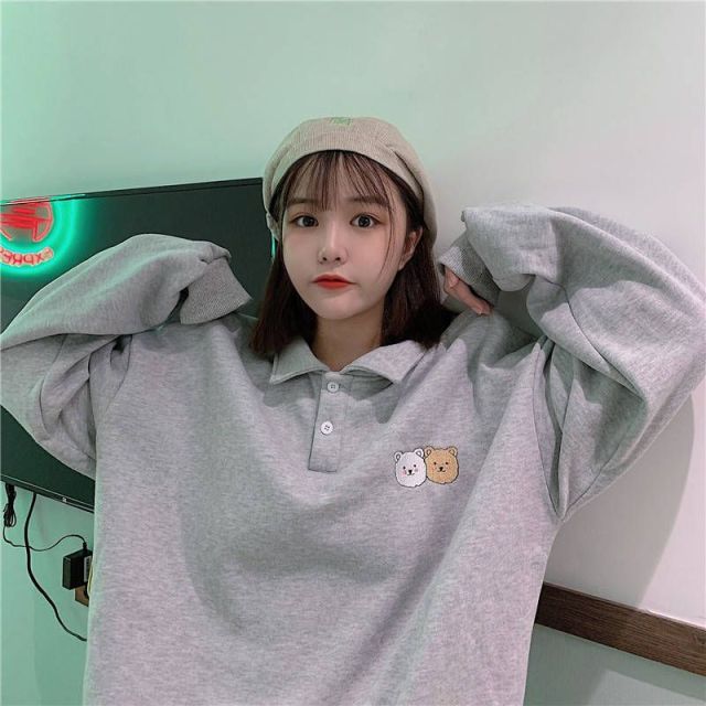Korean Winter Grey Polo Collar Sweatshirt