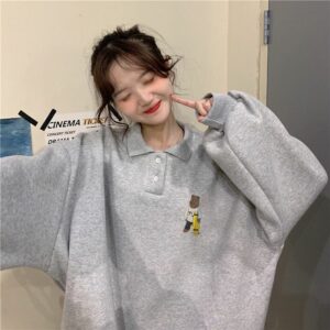 Korean Winter Grey Polo Collar Sweatshirt Korean kawaii