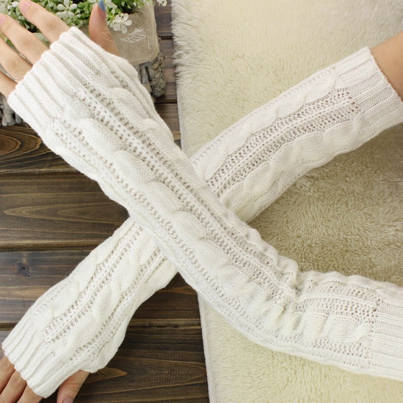Fashion Long White Knit Gloves