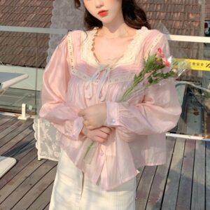 Pink Vintage Lace Bow Lolita Blouse French kawaii