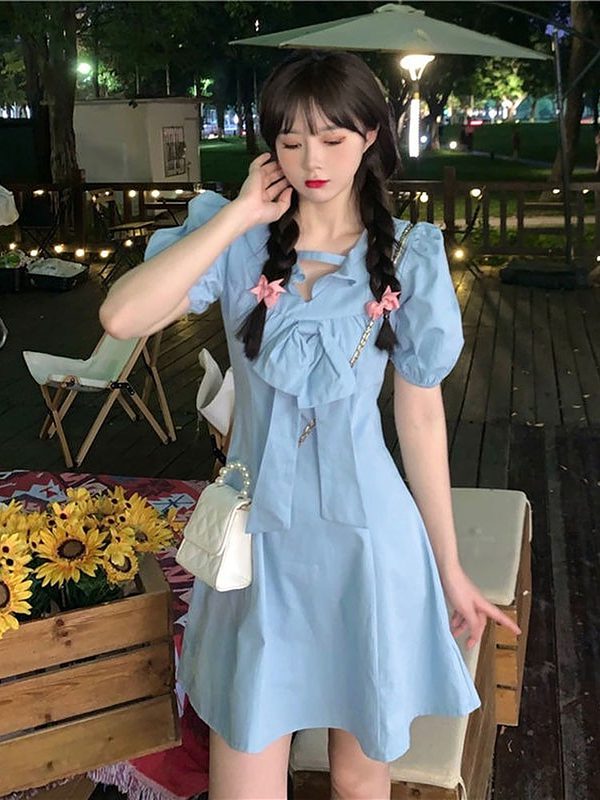 Kawaii Sweet Puff Sleeve Blue Short Dresses Preppy Style kawaii