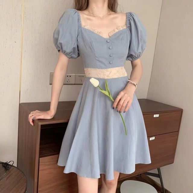 Vintage Elegant Puff Sleeve Short Dress