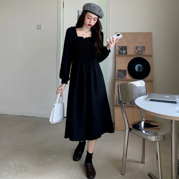 French Vintage Black Ruched Dress Elegant kawaii
