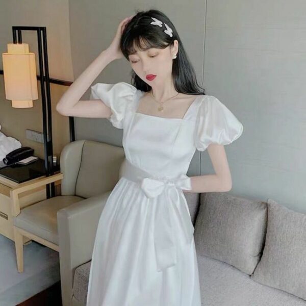 Vintage French White Puff Sleeve Long Dress Long Dress kawaii