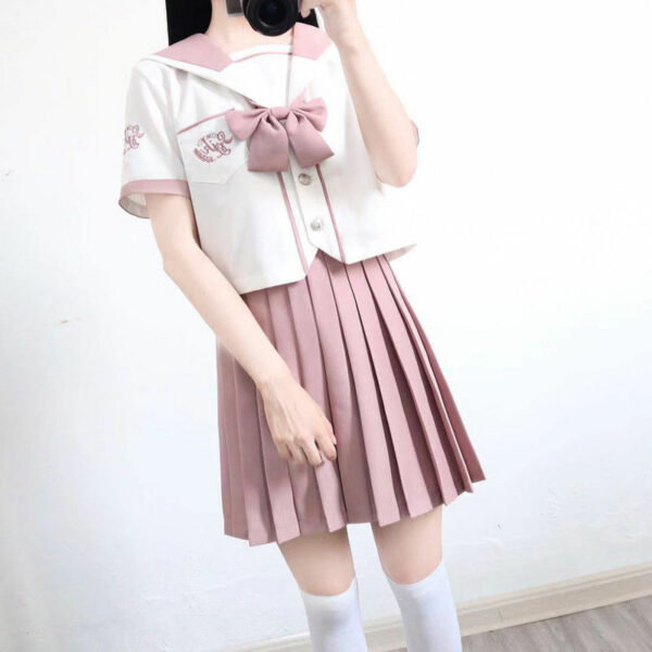 Japanese Pink Sailor Uniforms Pleated Skirt Sets Cosplay kawaii