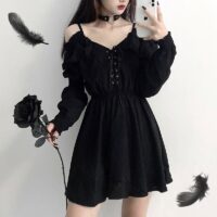 Vestido gótico de manga larga con hombros descubiertos y sexy kawaii negro