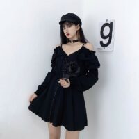 Gotische off-shoulder sexy jurk met lange mouwen Zwarte kawaii