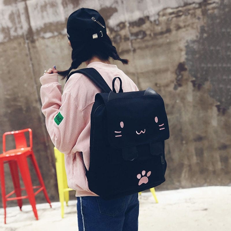 Cute Cat Black Canvas Backpack