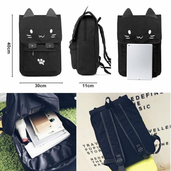 Cute Cat Black Canvas Backpack Canvas kawaii