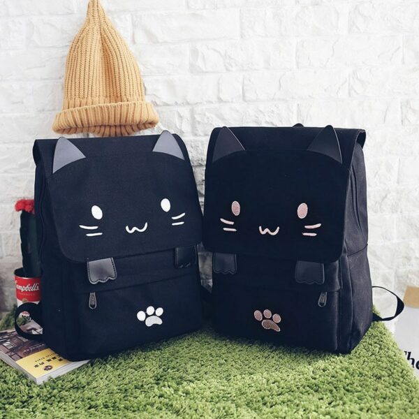 Cute Cat Black Canvas Backpack Canvas kawaii