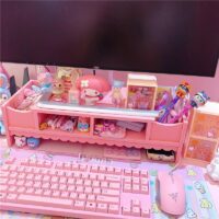 منظم مكتب رف خشبي للكمبيوتر المحمول باللون الوردي كاواي قوس كاواي