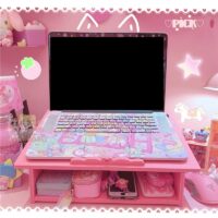 Kawaii różowy organizer na biurko z drewnianą półką na laptopa Wspornik kawaii