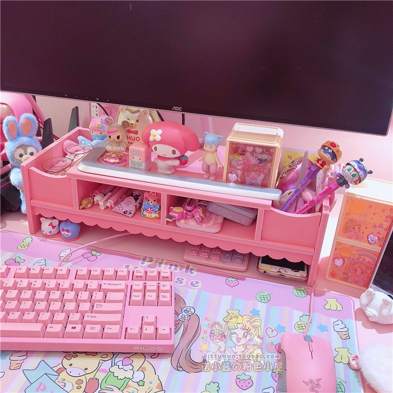 Kawaii Pink Laptop Wood Shelf Desk Organiser