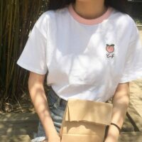 T-shirty ze słodkimi owocami i haftem Kawaii w stylu studenckim