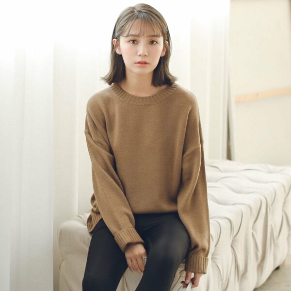 Fashion Loose Solid O-neck Sweaters Long Sleeve kawaii